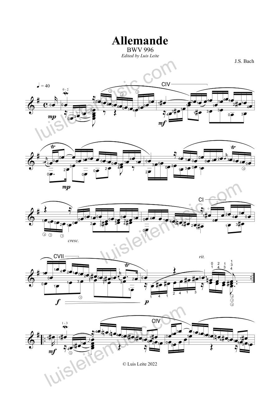 Prévia: primeira página de BWV 996 – Allemande