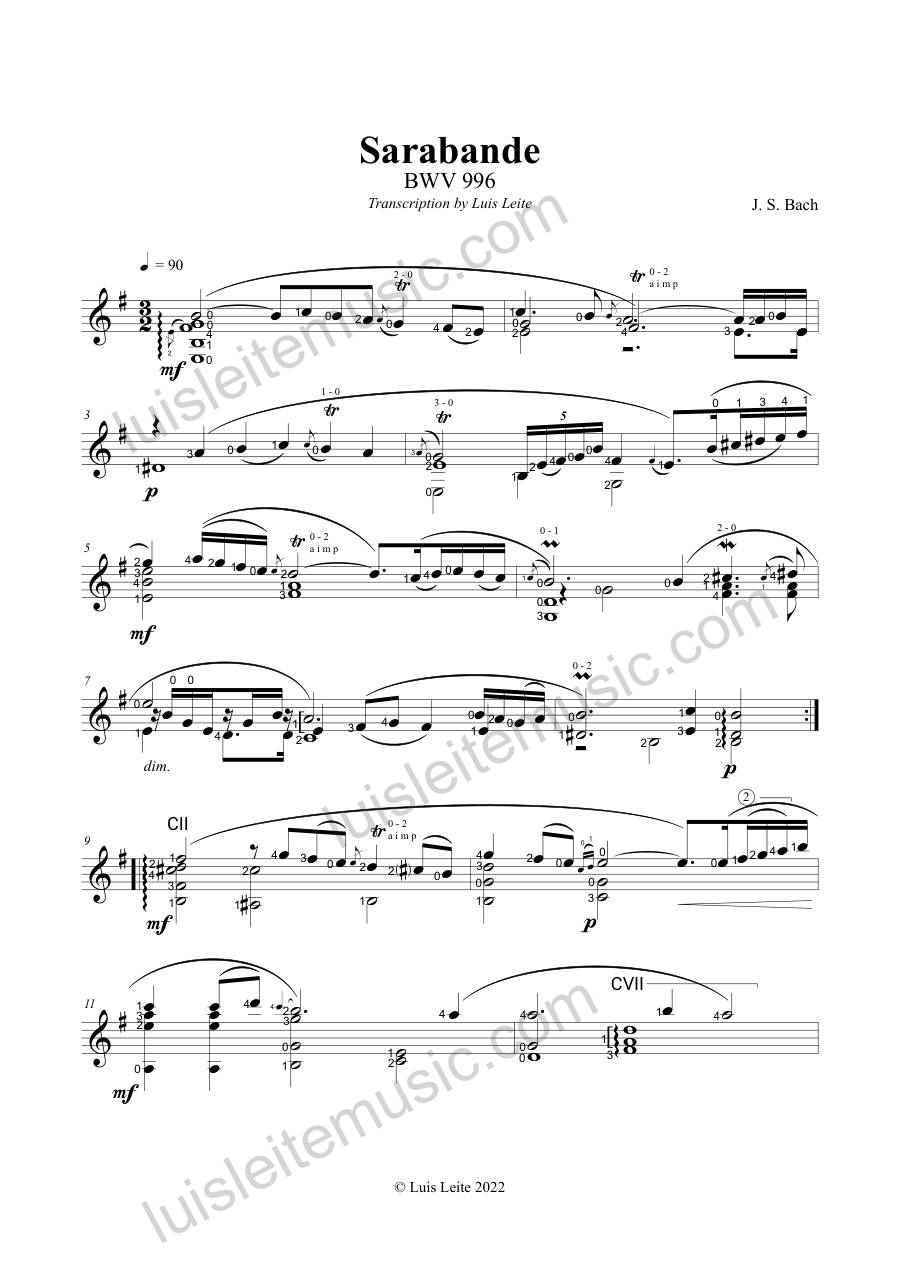Prévia: primeira página de Sarabande BWV 996